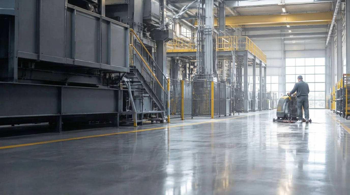 Weitläufige Industriehalle bei professioneller maschineller Bodenreinigung